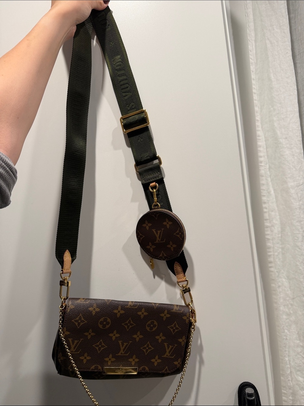 Louis Vuitton Brown Monogram Crossbody with Wide Black Strap and Coin Pouch